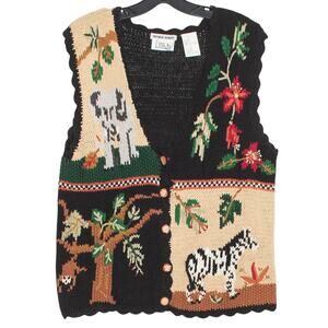Vintage Sweater Vest Hand Knit Safari Animal Cottage Dark Academia 90s Large